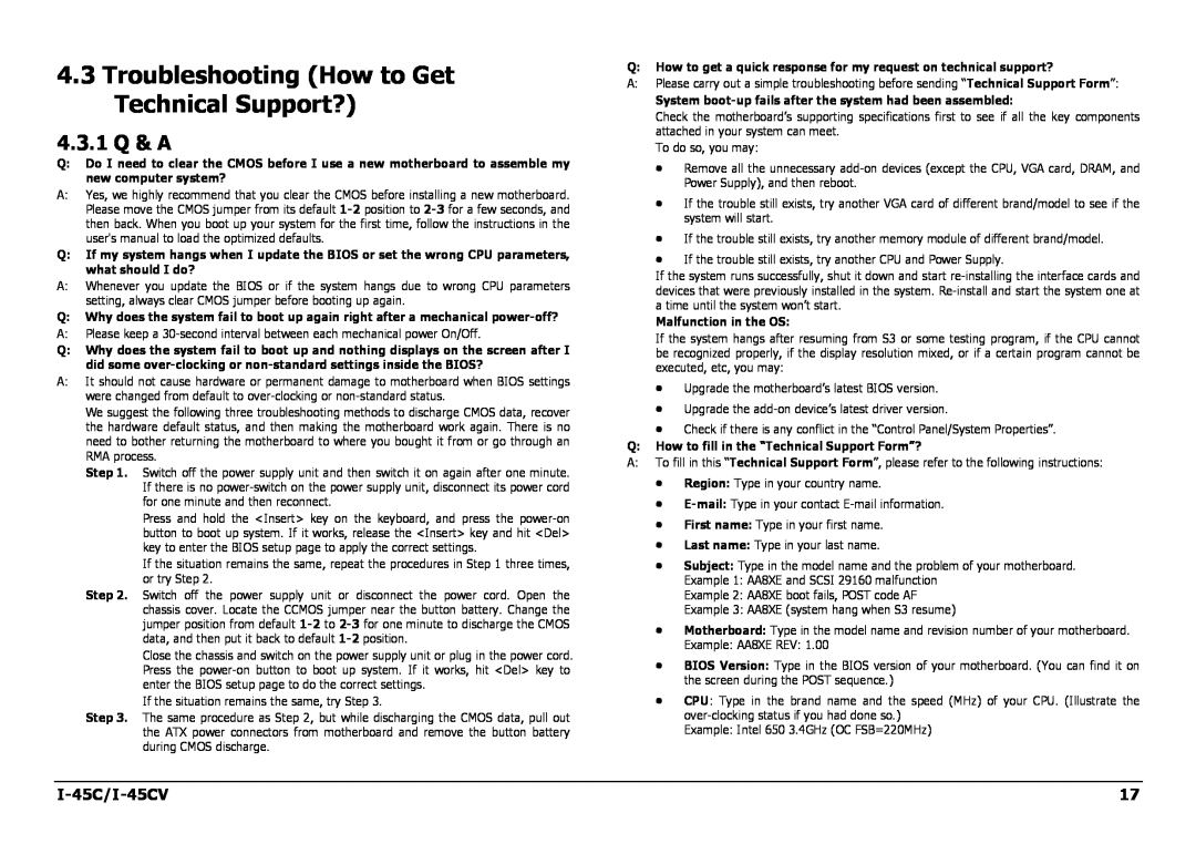 Intel manual Troubleshooting How to Get Technical Support?, 4.3.1 Q & A, I-45C/I-45CV, Malfunction in the OS 