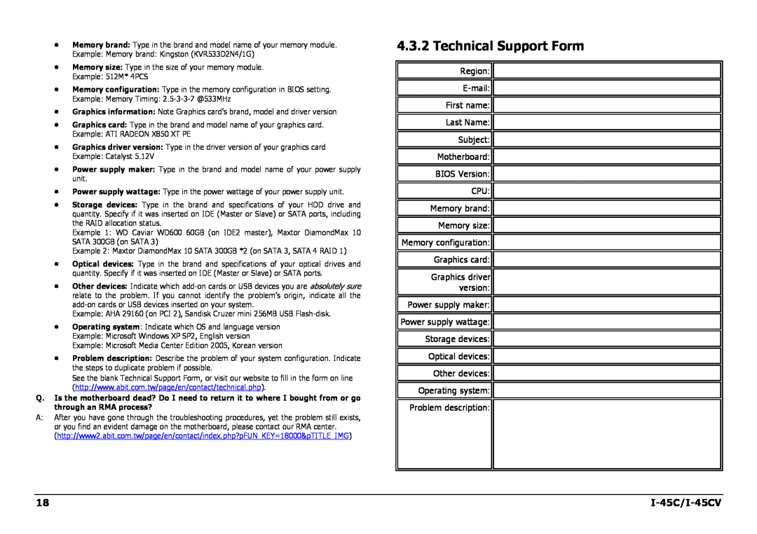 Intel manual Technical Support Form, I-45C/I-45CV, Region E-mail First name Last Name Subject Motherboard BIOS Version 