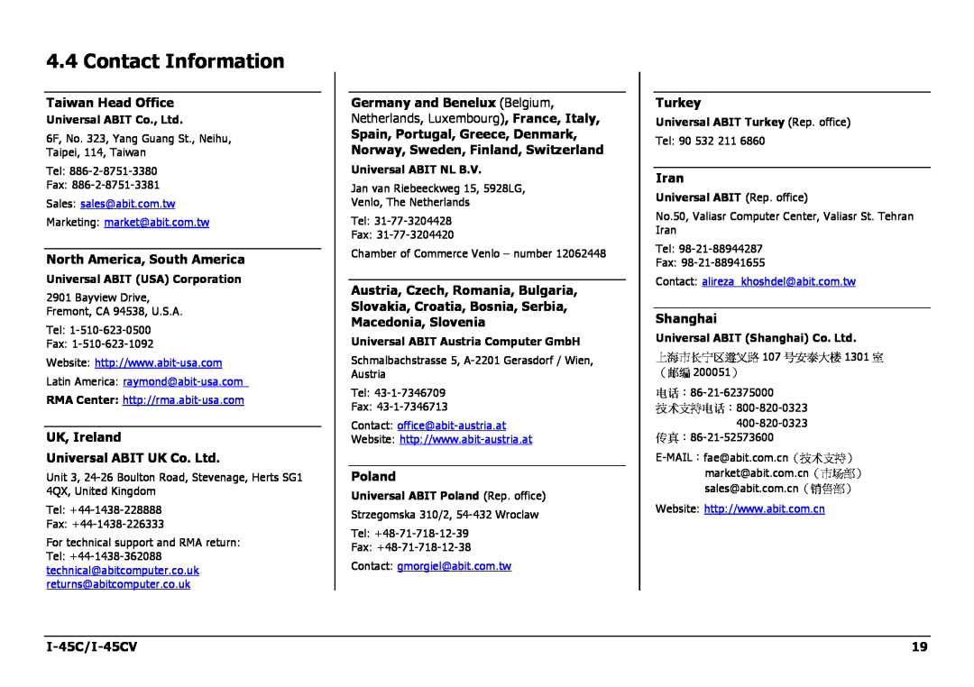 Intel I-45C Contact Information, Taiwan Head Office, North America, South America, UK, Ireland, Macedonia, Slovenia, Iran 