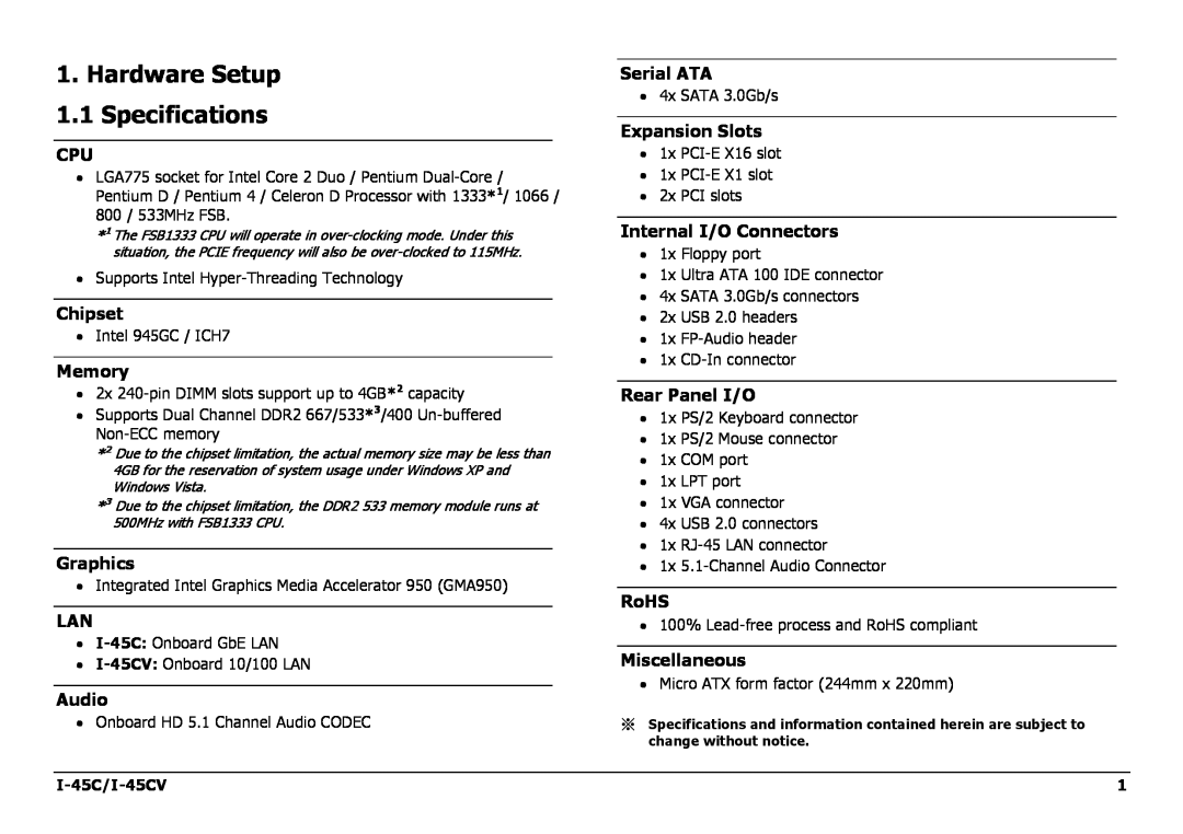 Intel I-45CV manual Hardware Setup 1.1 Specifications 