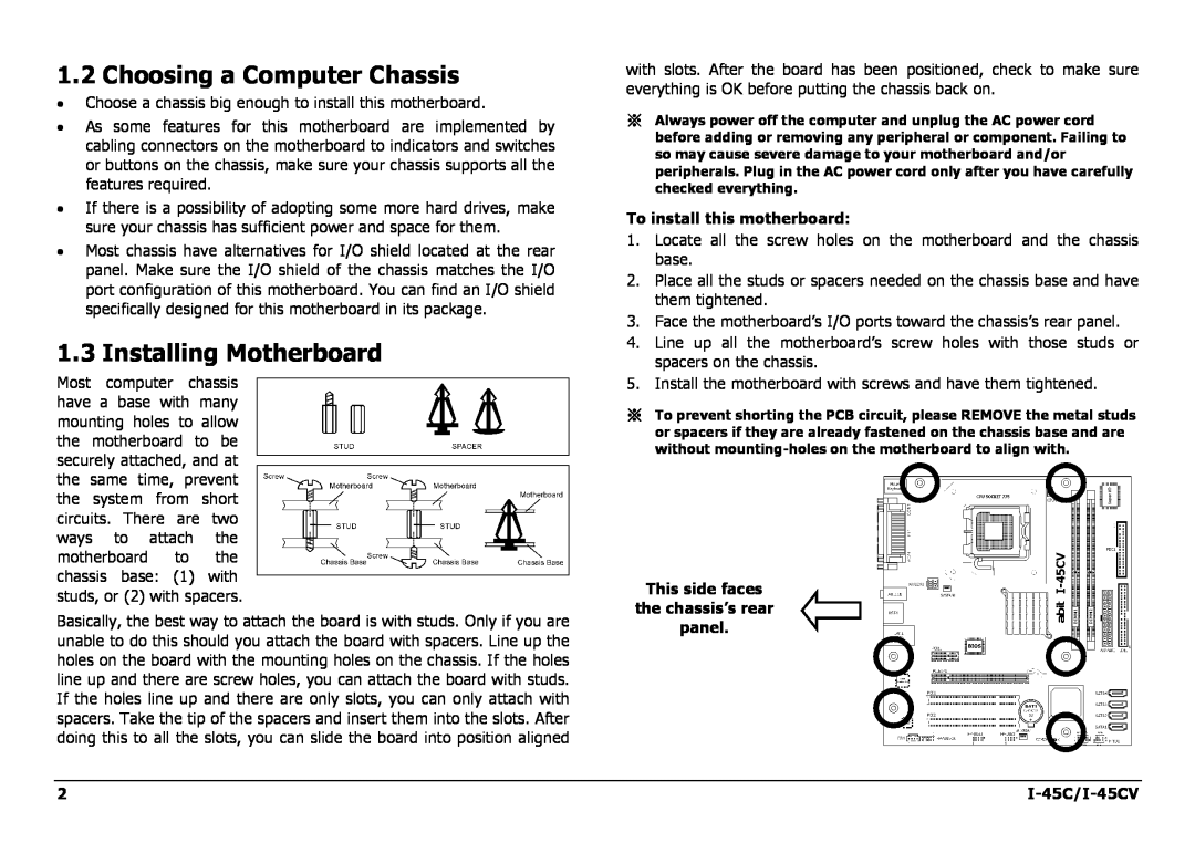 Intel I-45CV manual Choosing a Computer Chassis, Installing Motherboard, To install this motherboard 