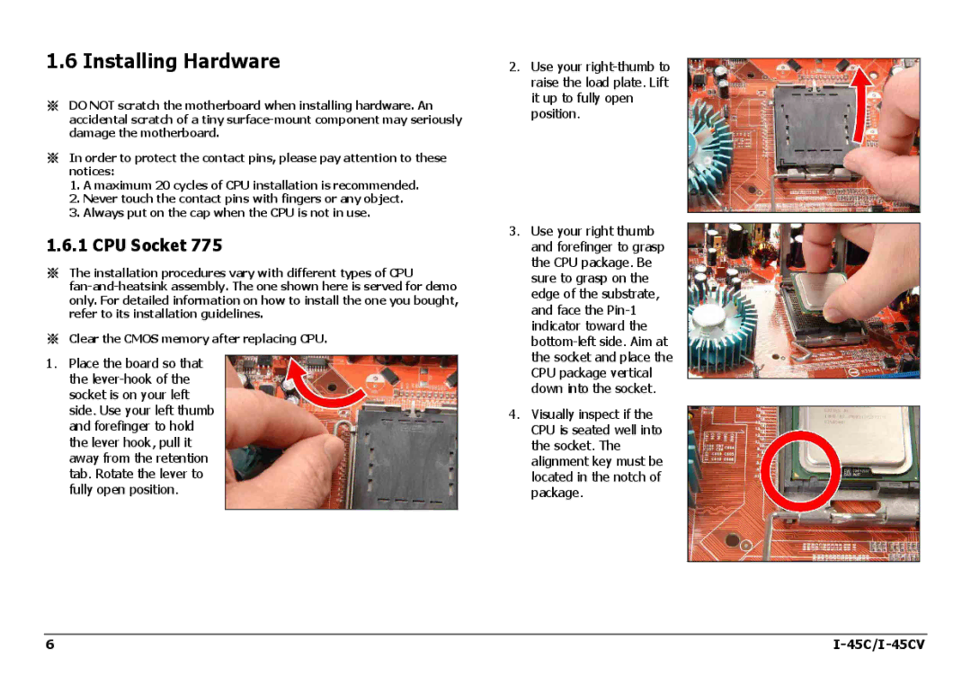 Intel I-45CV manual Installing Hardware, CPU Socket 