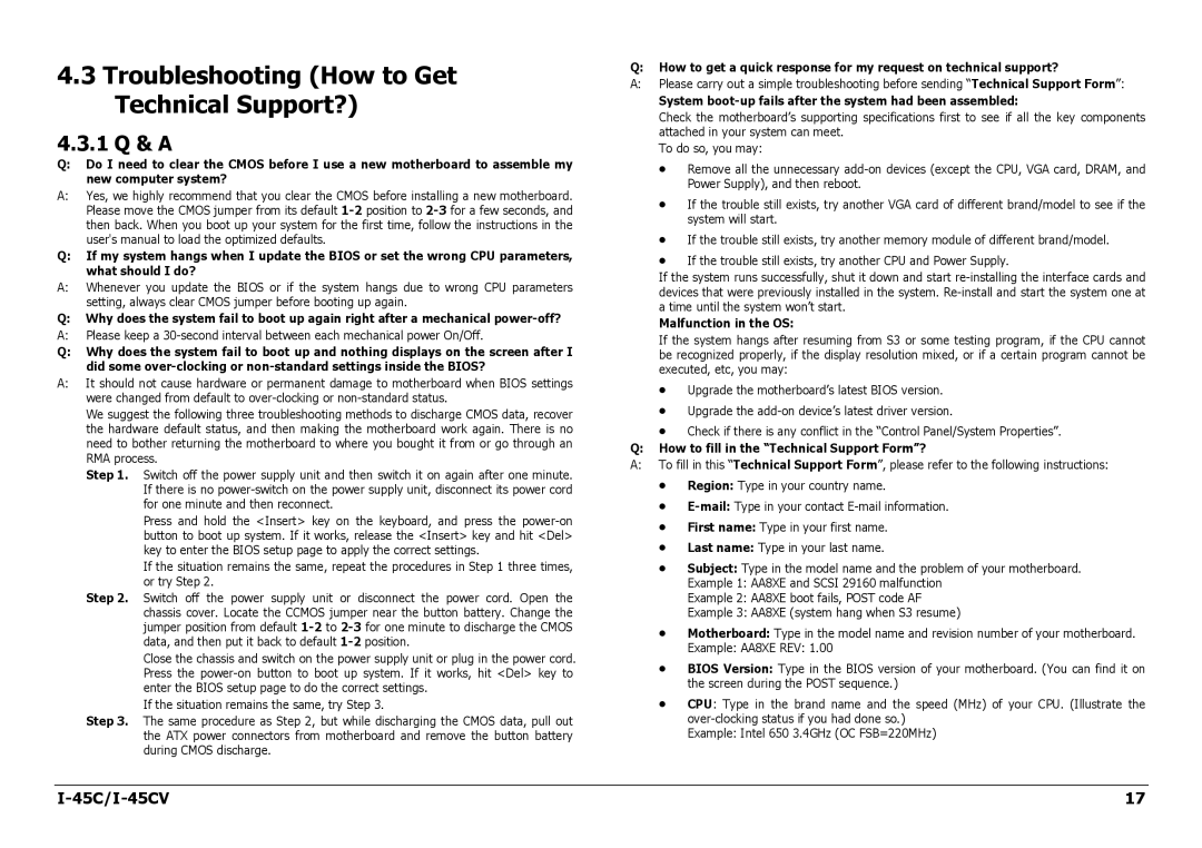 Intel I-45CV manual Troubleshooting How to Get Technical Support?, 1 Q & a 