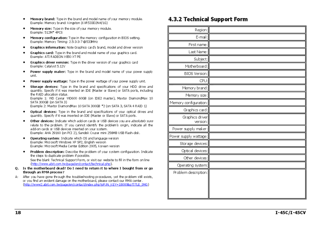 Intel I-45CV manual Technical Support Form 