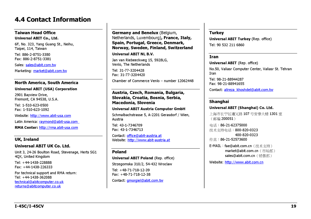 Intel I-45CV manual Contact Information 