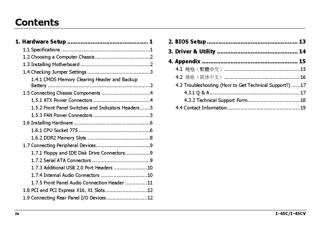 Intel I-45CV manual Contents 