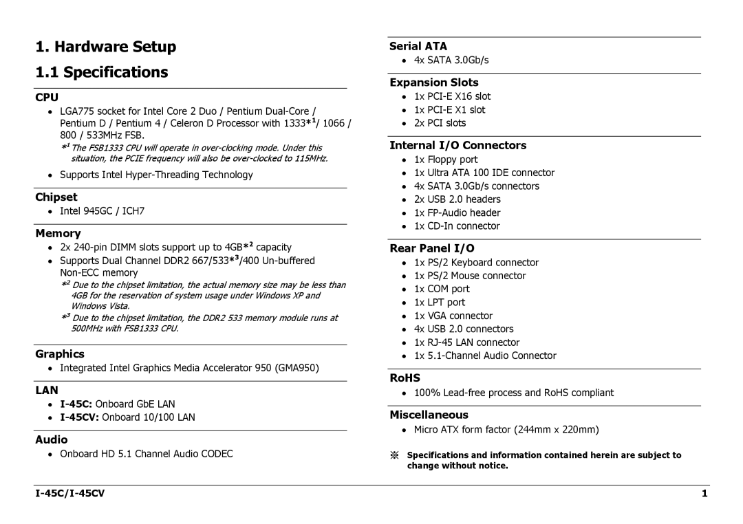 Intel manual Hardware Setup 1.1 Specifications, 45C/I-45CV 