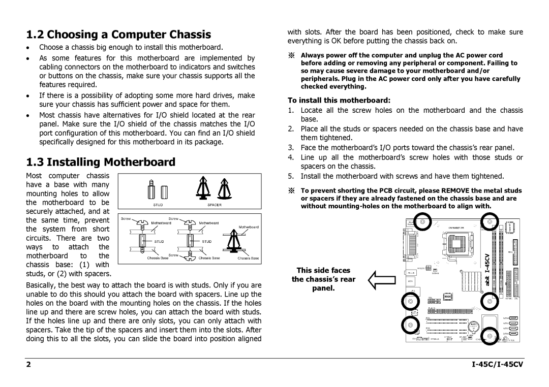 Intel I-45CV manual Choosing a Computer Chassis, Installing Motherboard, To install this motherboard 