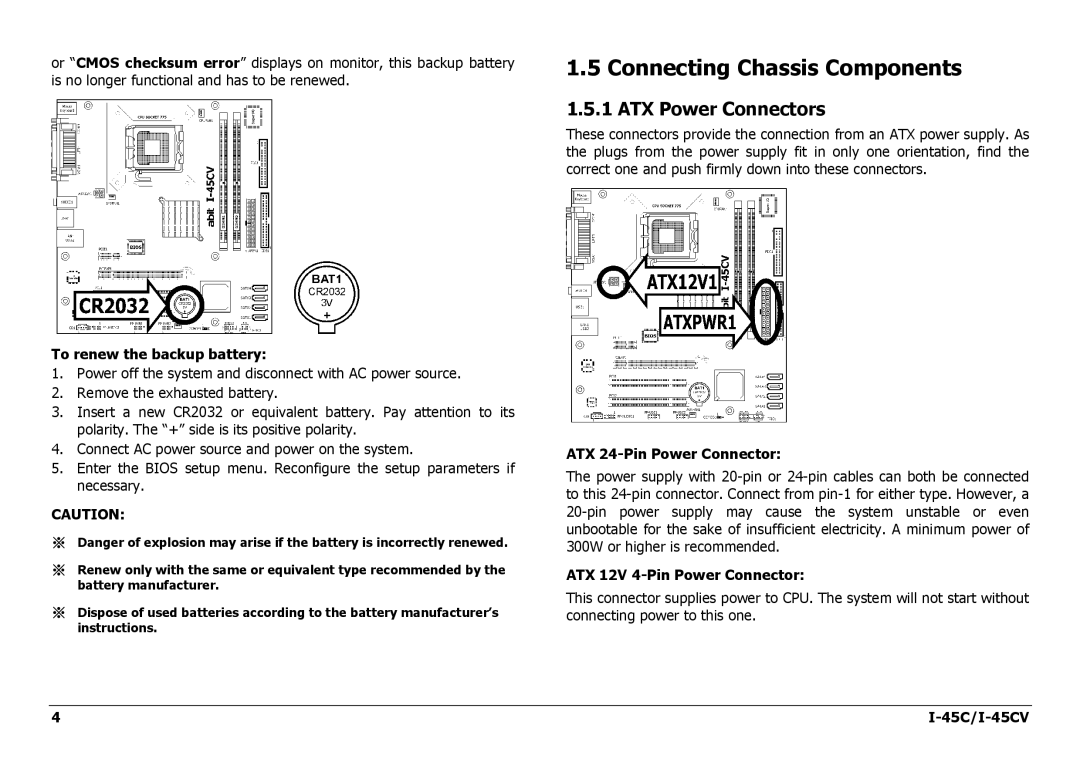 Intel I-45CV Connecting Chassis Components, ATX Power Connectors, To renew the backup battery, ATX 24-Pin Power Connector 