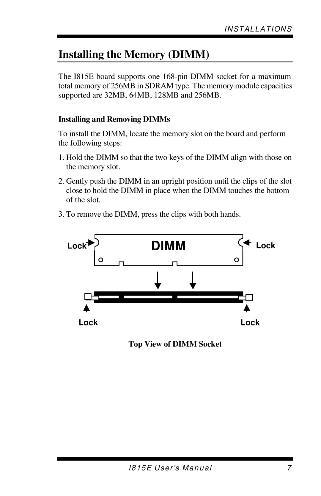 Intel I815E user manual Installing the Memory Dimm, Installing and Removing DIMMs, Lock, Top View of Dimm Socket 