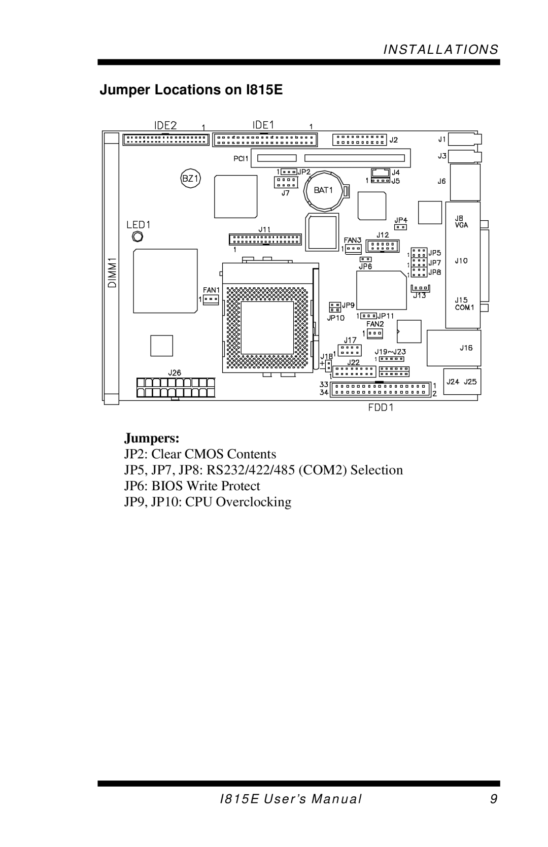 Intel user manual Jumper Locations on I815E, Jumpers 