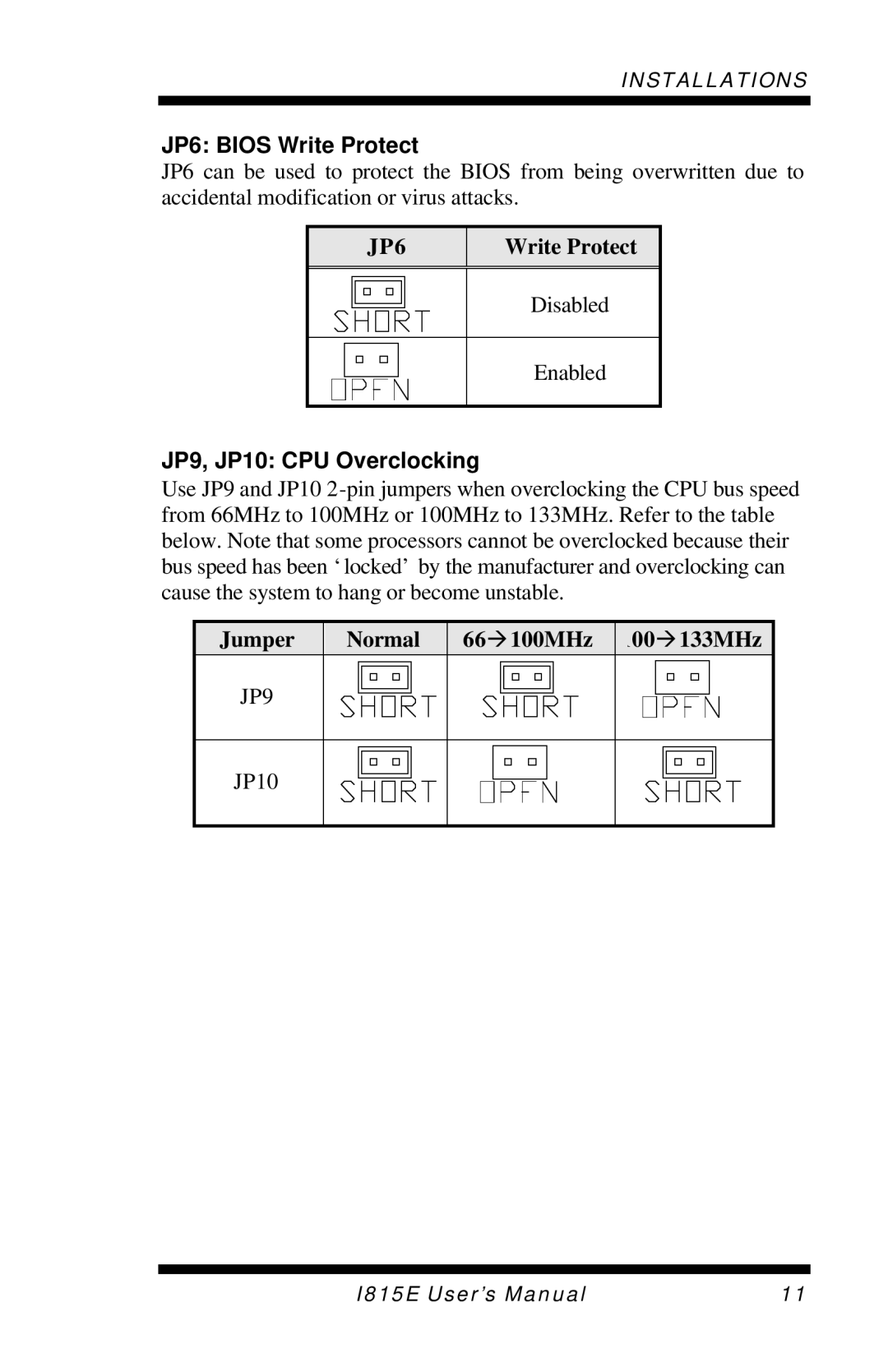 Intel I815E user manual JP6 Bios Write Protect, JP9, JP10 CPU Overclocking, Jumper Normal 66à100MHz 100à133MHz 