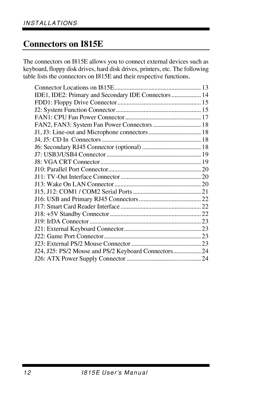 Intel user manual Connectors on I815E 