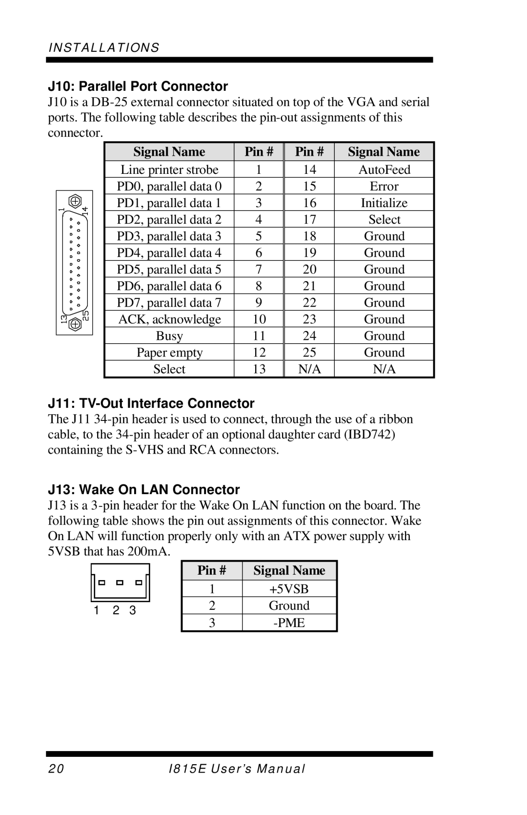 Intel I815E user manual J10 Parallel Port Connector, J11 TV-Out Interface Connector, J13 Wake On LAN Connector 