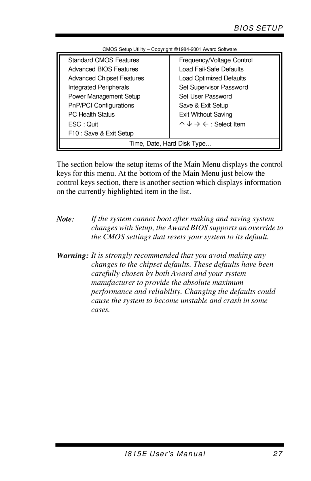 Intel I815E user manual Cmos Setup Utility Copyright 1984-2001 Award Software 