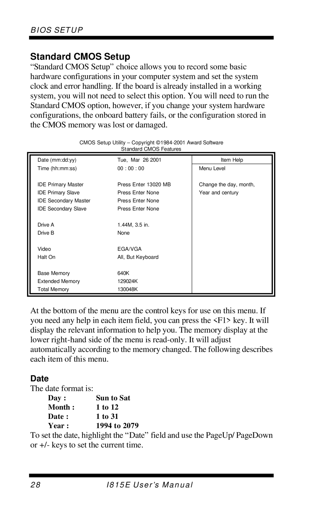 Intel I815E user manual Standard Cmos Setup, Date 