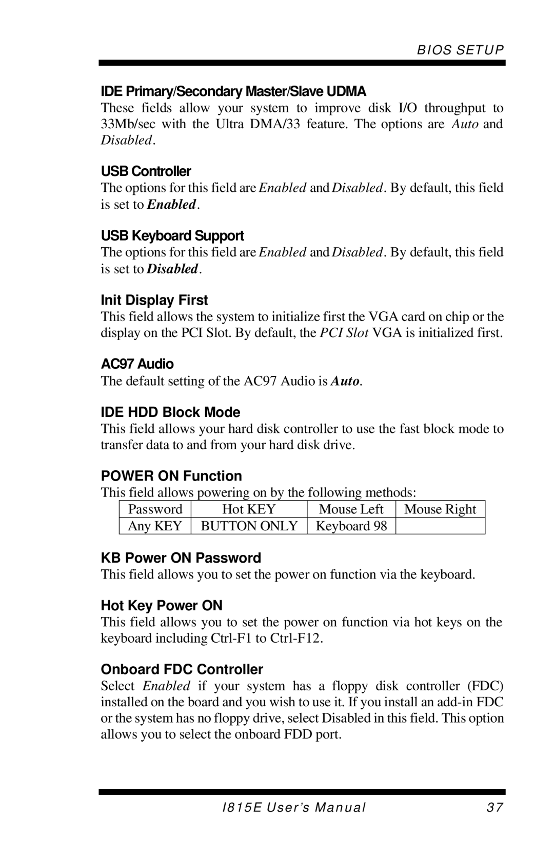 Intel I815E IDE Primary/Secondary Master/Slave Udma, USB Controller, USB Keyboard Support, Init Display First, AC97 Audio 