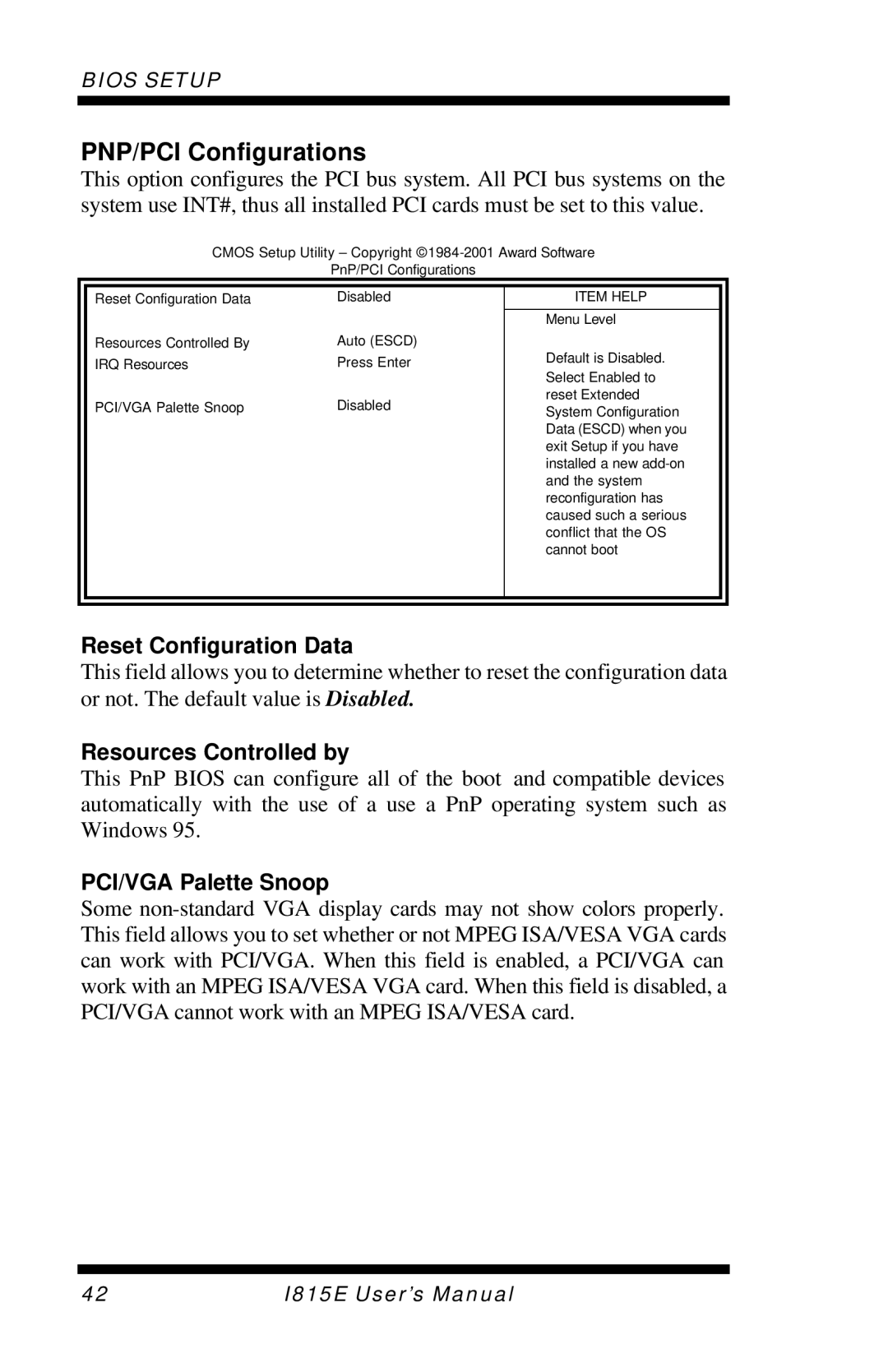 Intel I815E user manual PNP/PCI Configurations, Reset Configuration Data, Resources Controlled by, PCI/VGA Palette Snoop 