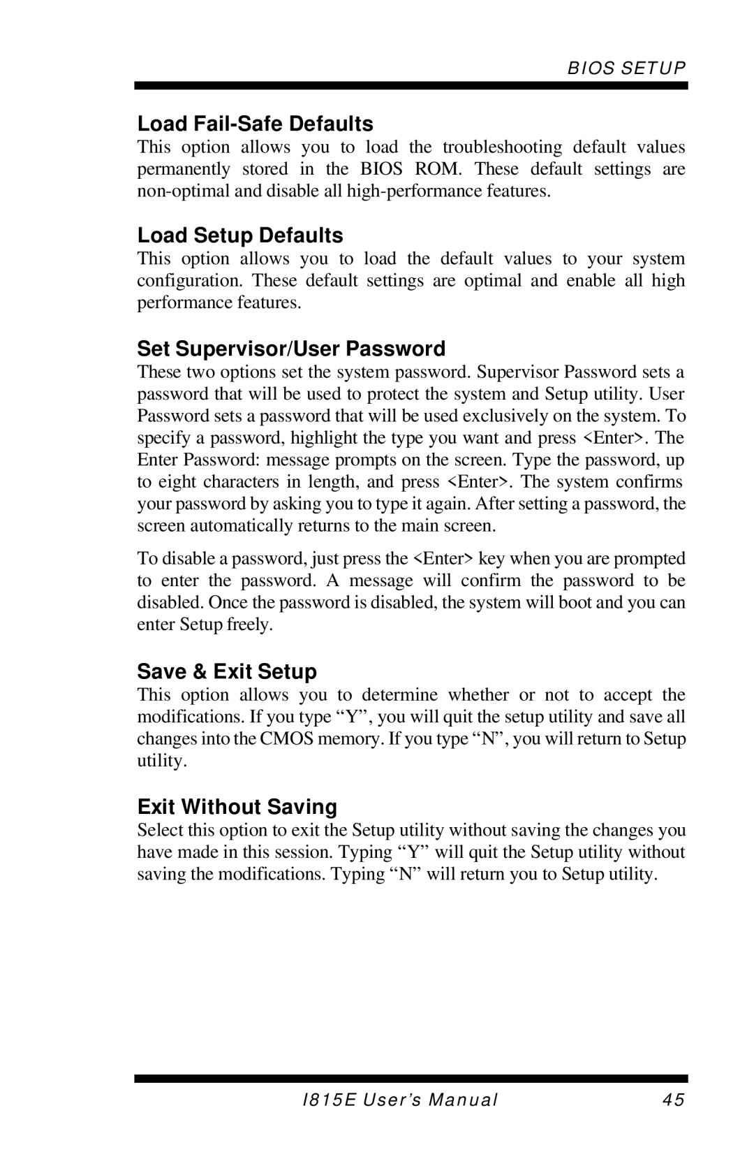 Intel I815E user manual Load Fail-Safe Defaults, Load Setup Defaults, Set Supervisor/User Password, Save & Exit Setup 