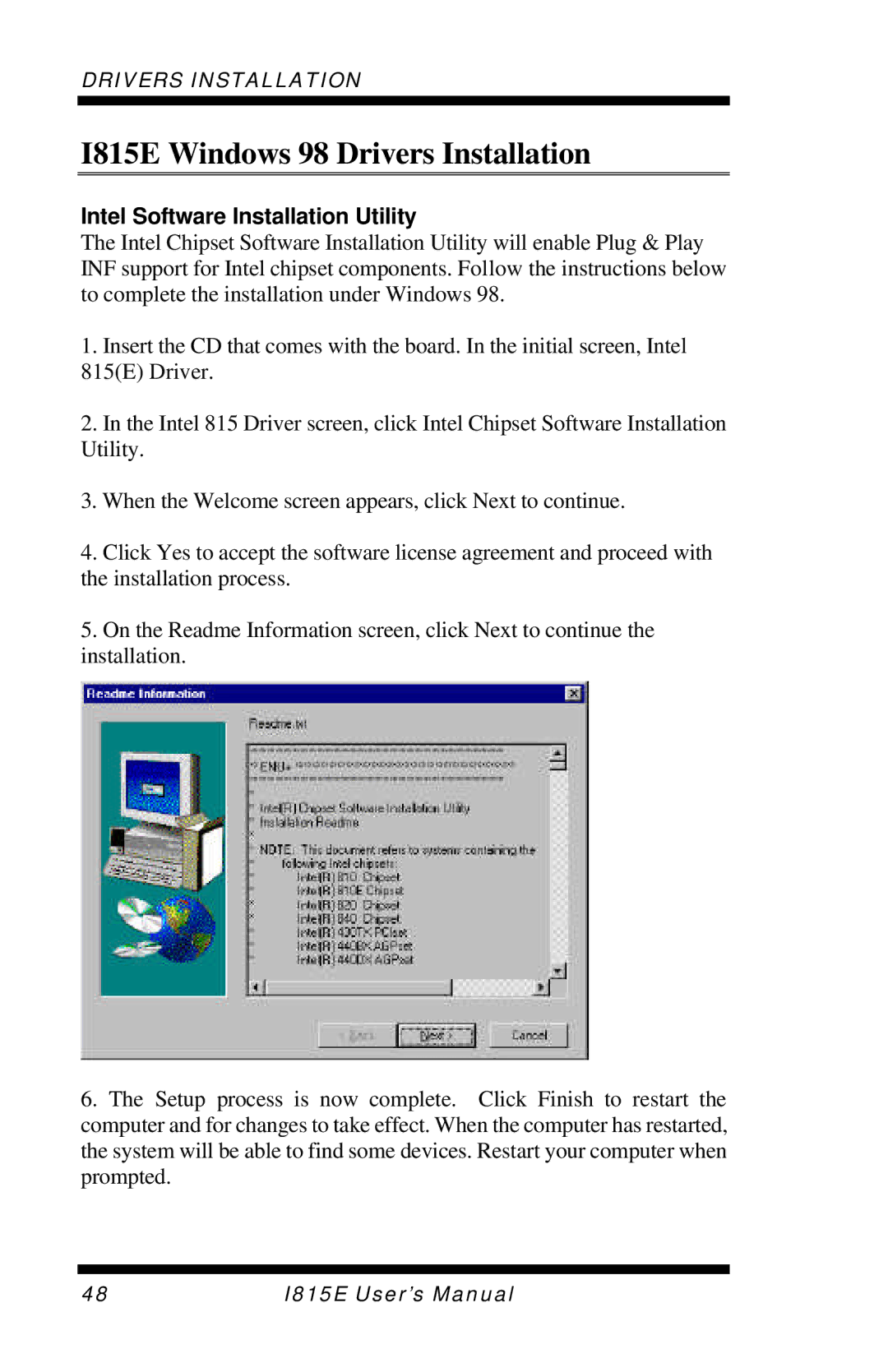 Intel user manual I815E Windows 98 Drivers Installation, Intel Software Installation Utility 