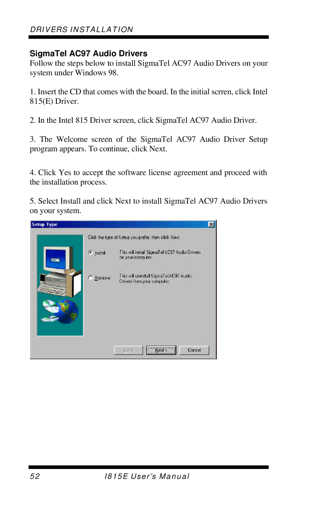 Intel I815E user manual SigmaTel AC97 Audio Drivers 