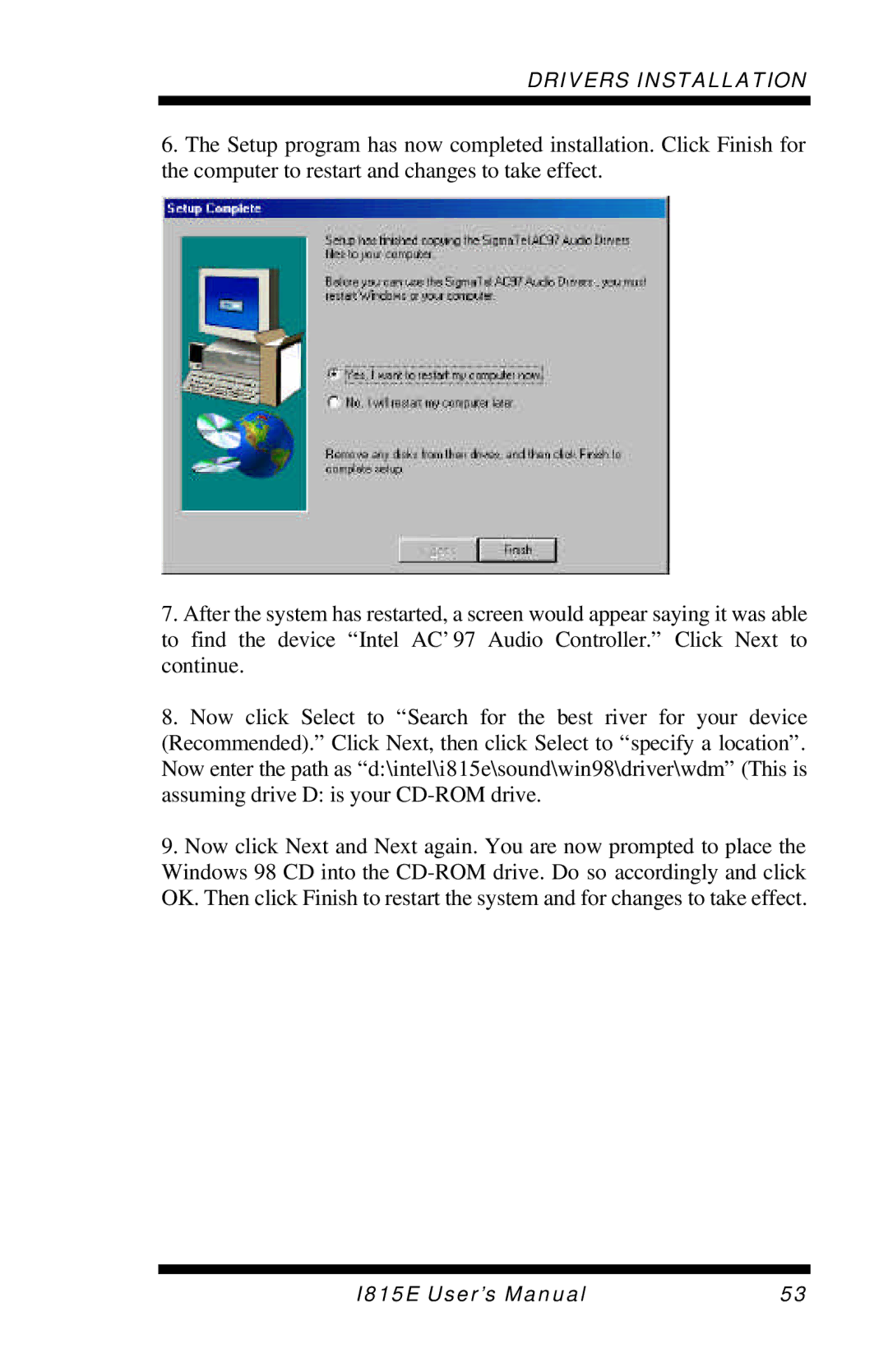 Intel I815E user manual Drivers Installation 