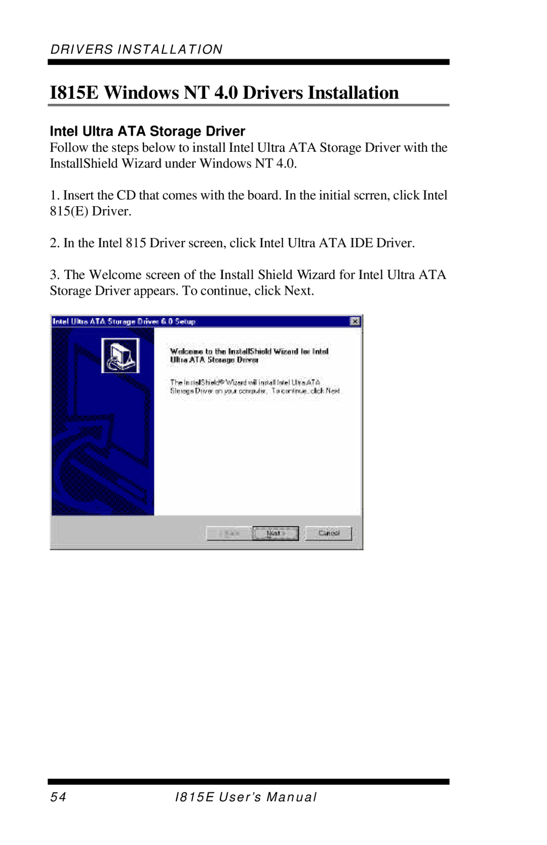 Intel user manual I815E Windows NT 4.0 Drivers Installation, Intel Ultra ATA Storage Driver 