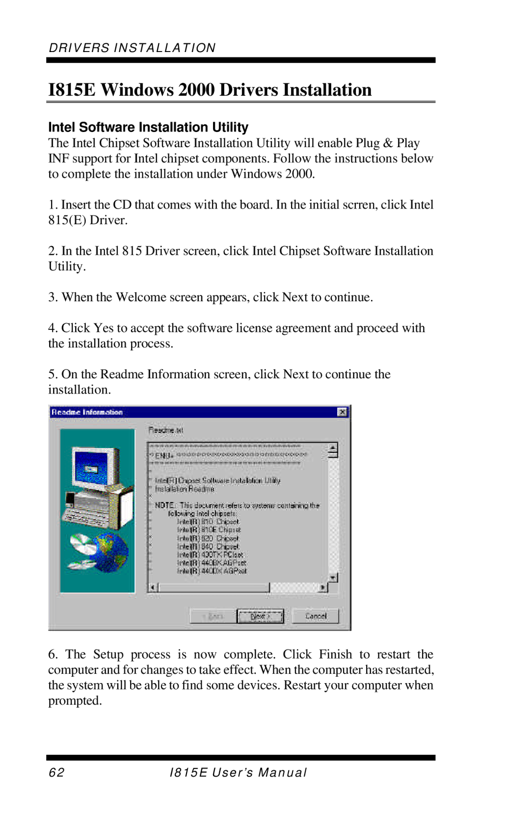 Intel user manual I815E Windows 2000 Drivers Installation, Intel Software Installation Utility 