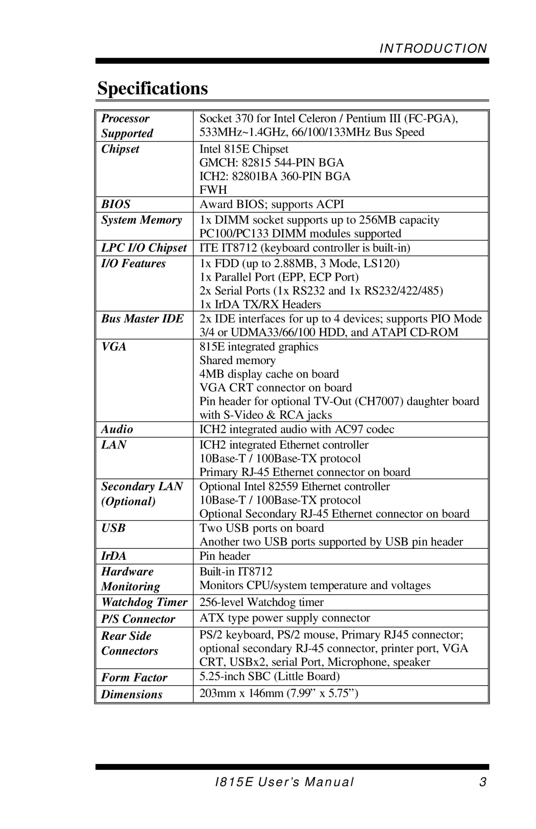 Intel I815E user manual Specifications, Bios 