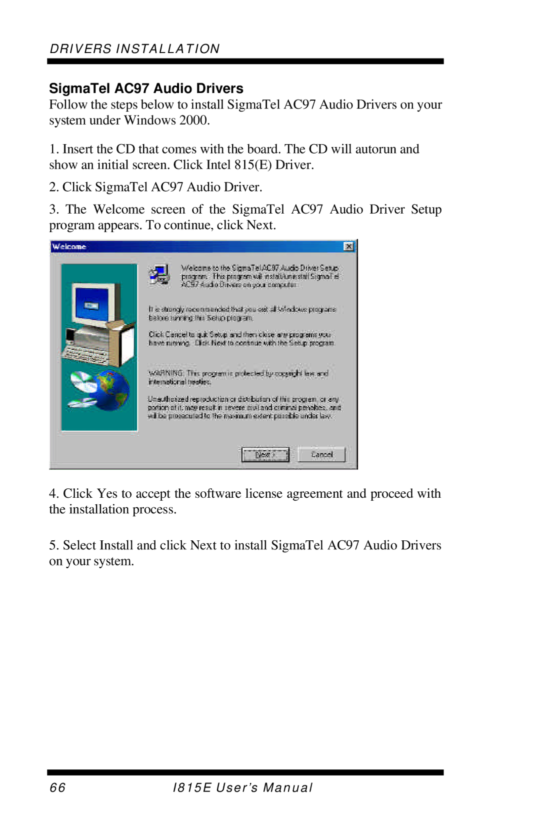 Intel I815E user manual SigmaTel AC97 Audio Drivers 