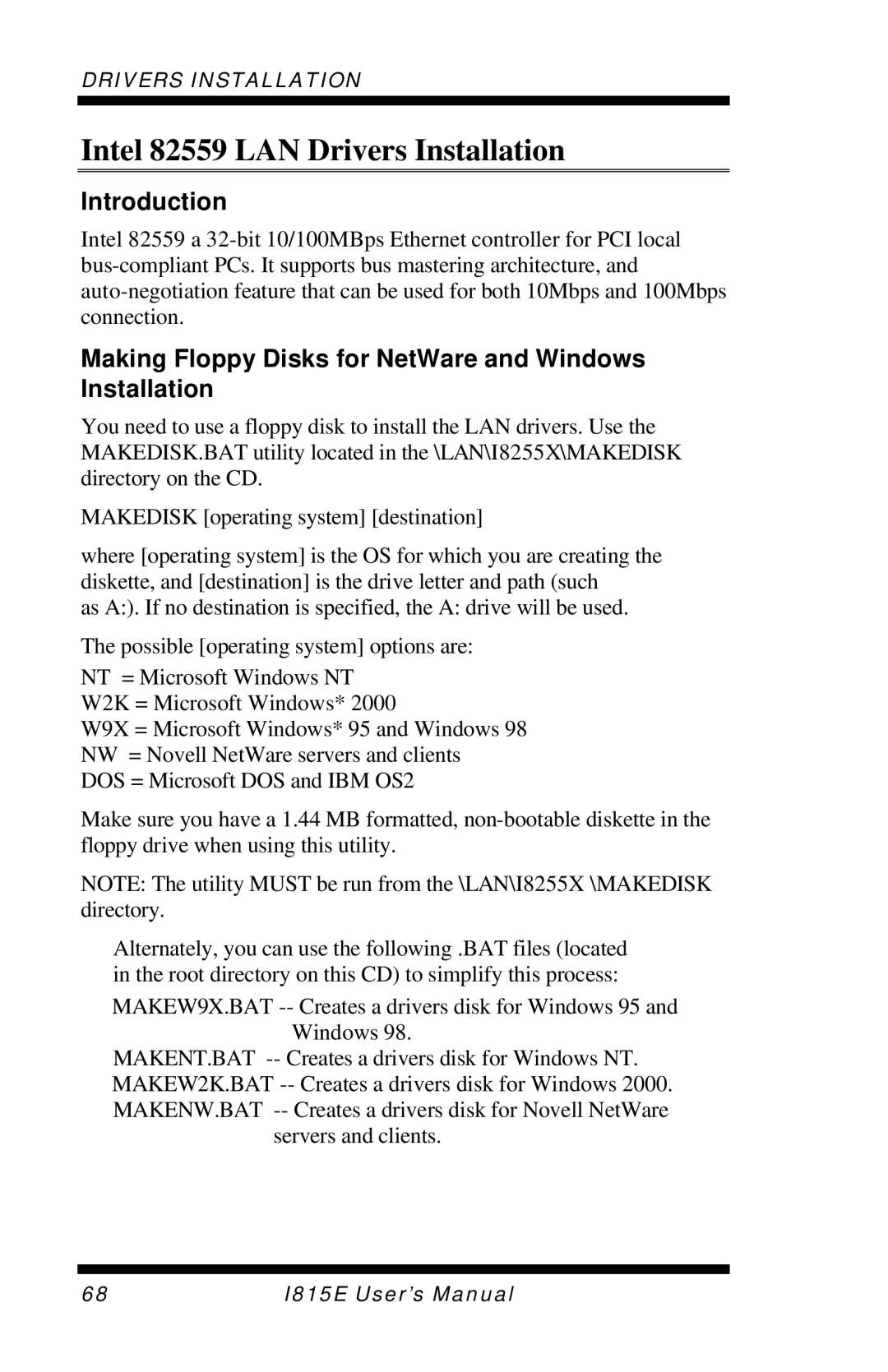 Intel I815E Intel 82559 LAN Drivers Installation, Introduction, Making Floppy Disks for NetWare and Windows Installation 