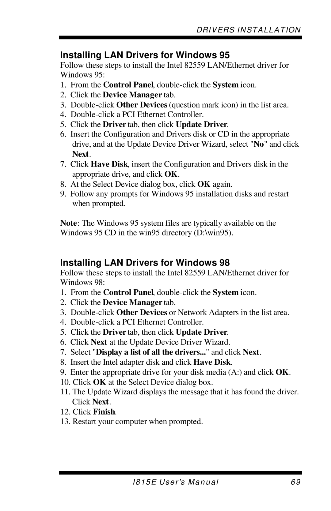 Intel I815E user manual Installing LAN Drivers for Windows, Click the Device Manager tab 