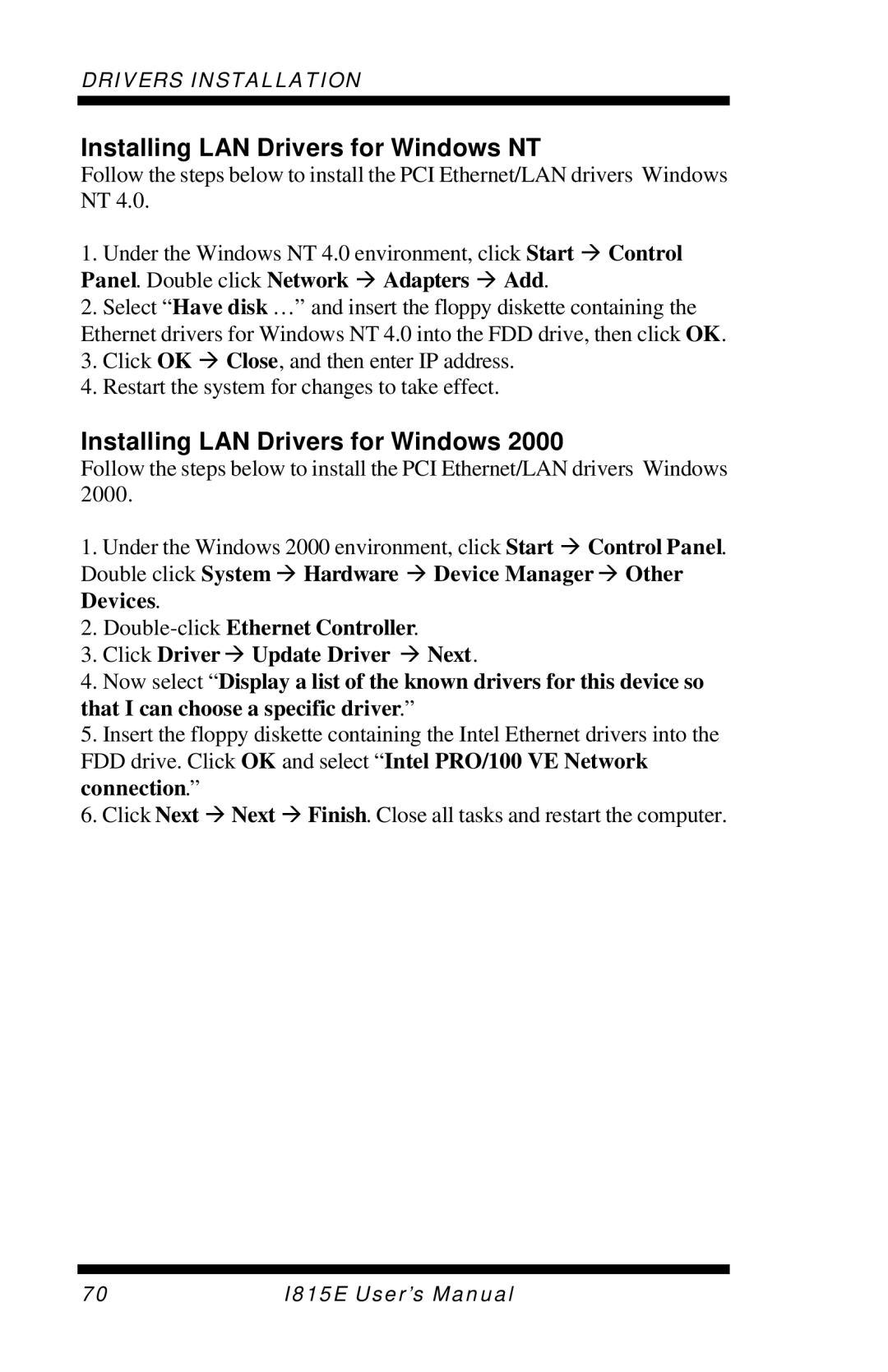 Intel I815E user manual Installing LAN Drivers for Windows NT 