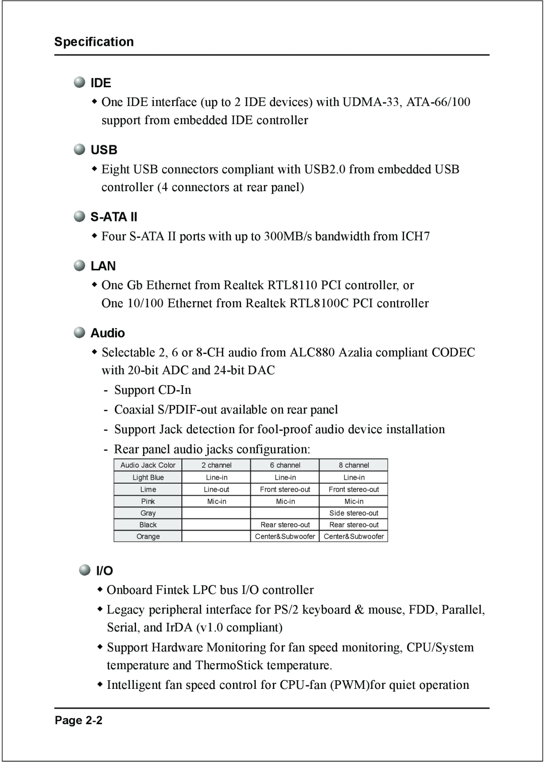 Intel I945P specifications S-Ata, Audio, Specification, Š Four S-ATA II ports with up to 300MB/s bandwidth from ICH7 