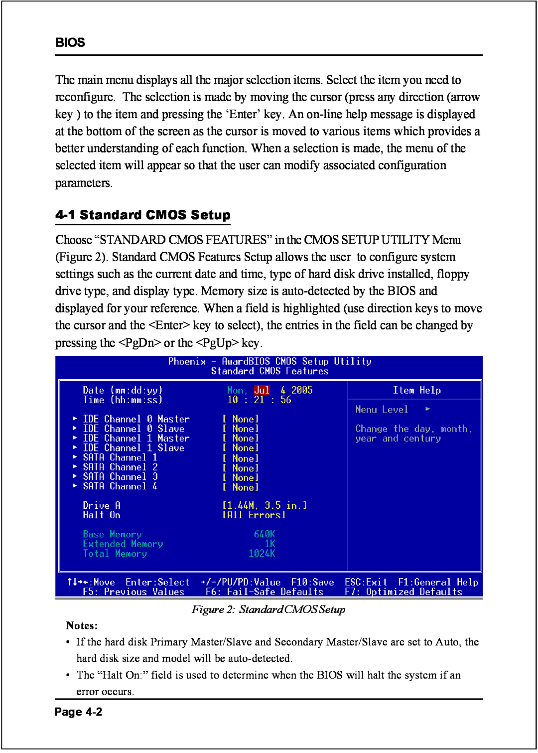 Intel I945P specifications Standard CMOS Setup, Bios 