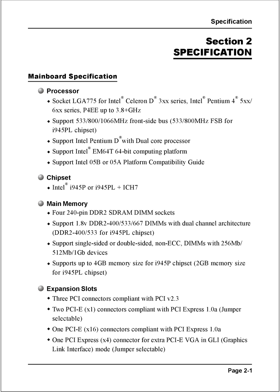 Intel I945P specifications Mainboard Specification Processor, Chipset, Main Memory, Expansion Slots 