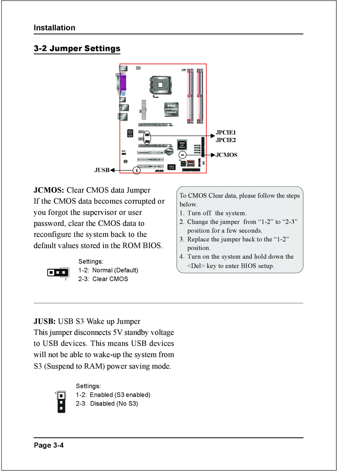 Intel I945P specifications Installation Jumper Settings, Settings Normal Default Clear Cmos 