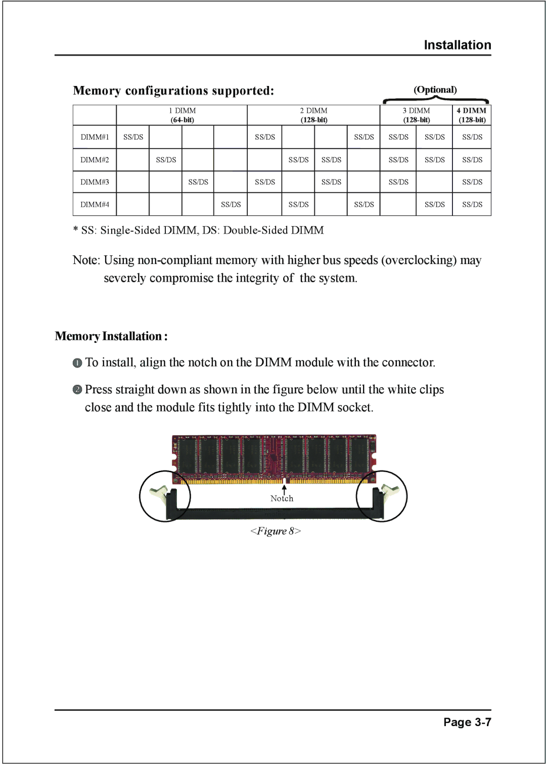 Intel I945P specifications Memory configurations supported, Memory Installation 