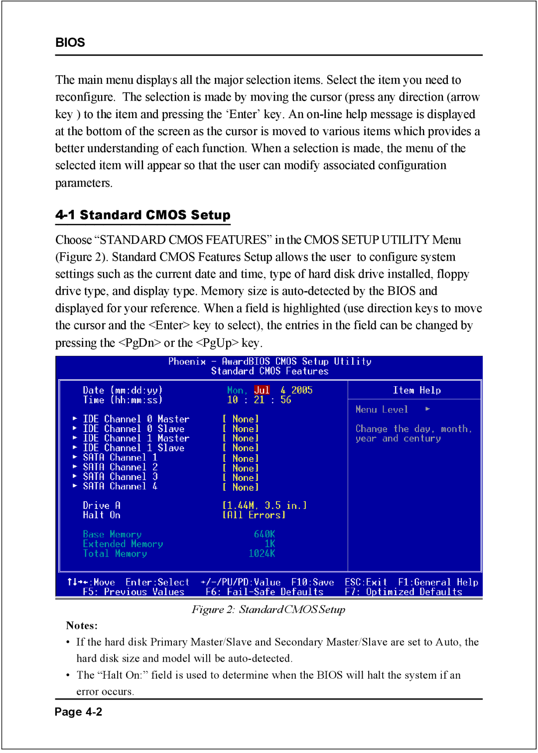 Intel I945P specifications Standard Cmos Setup 