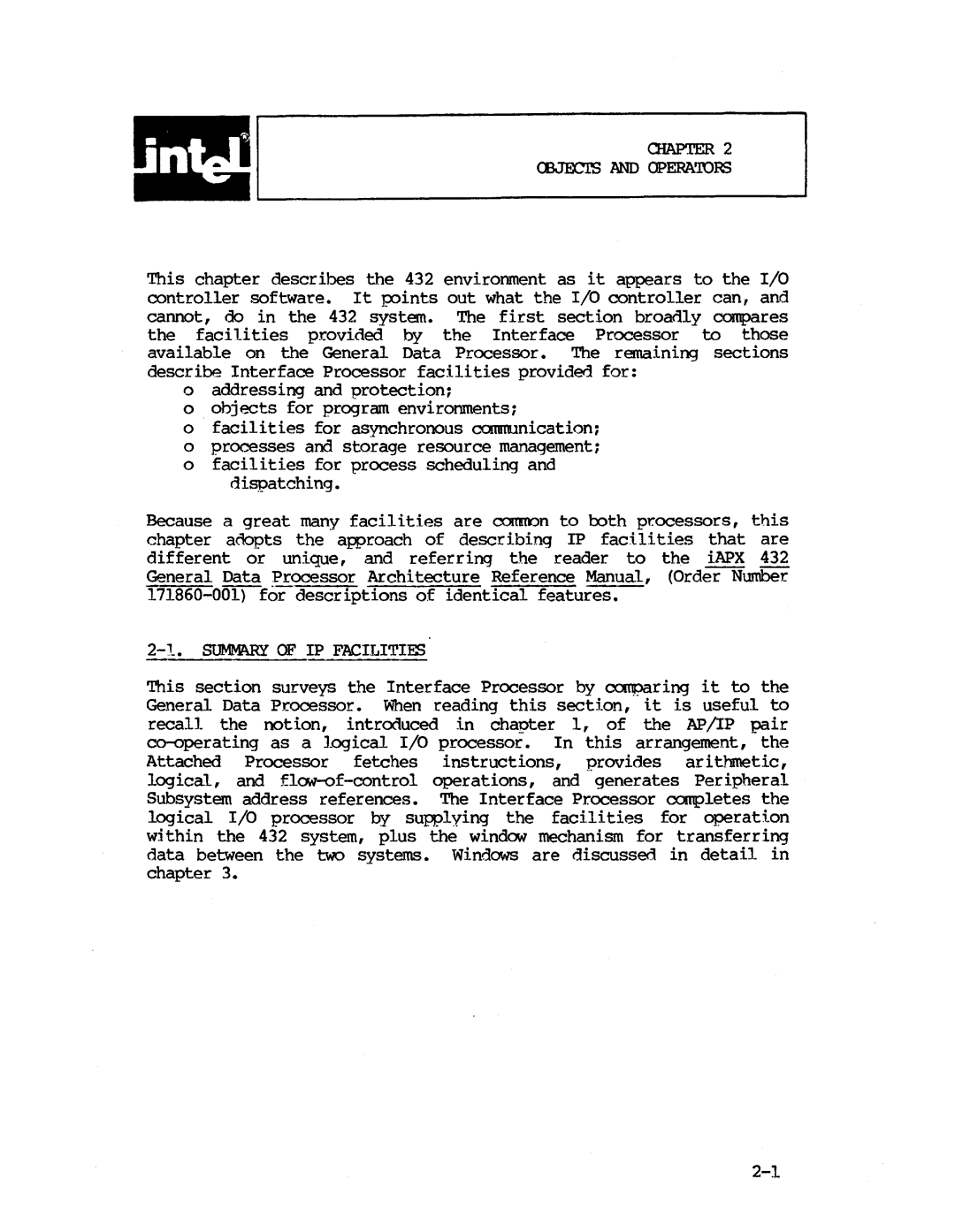 Intel iapx 432 manual Summary of IP Facilities 