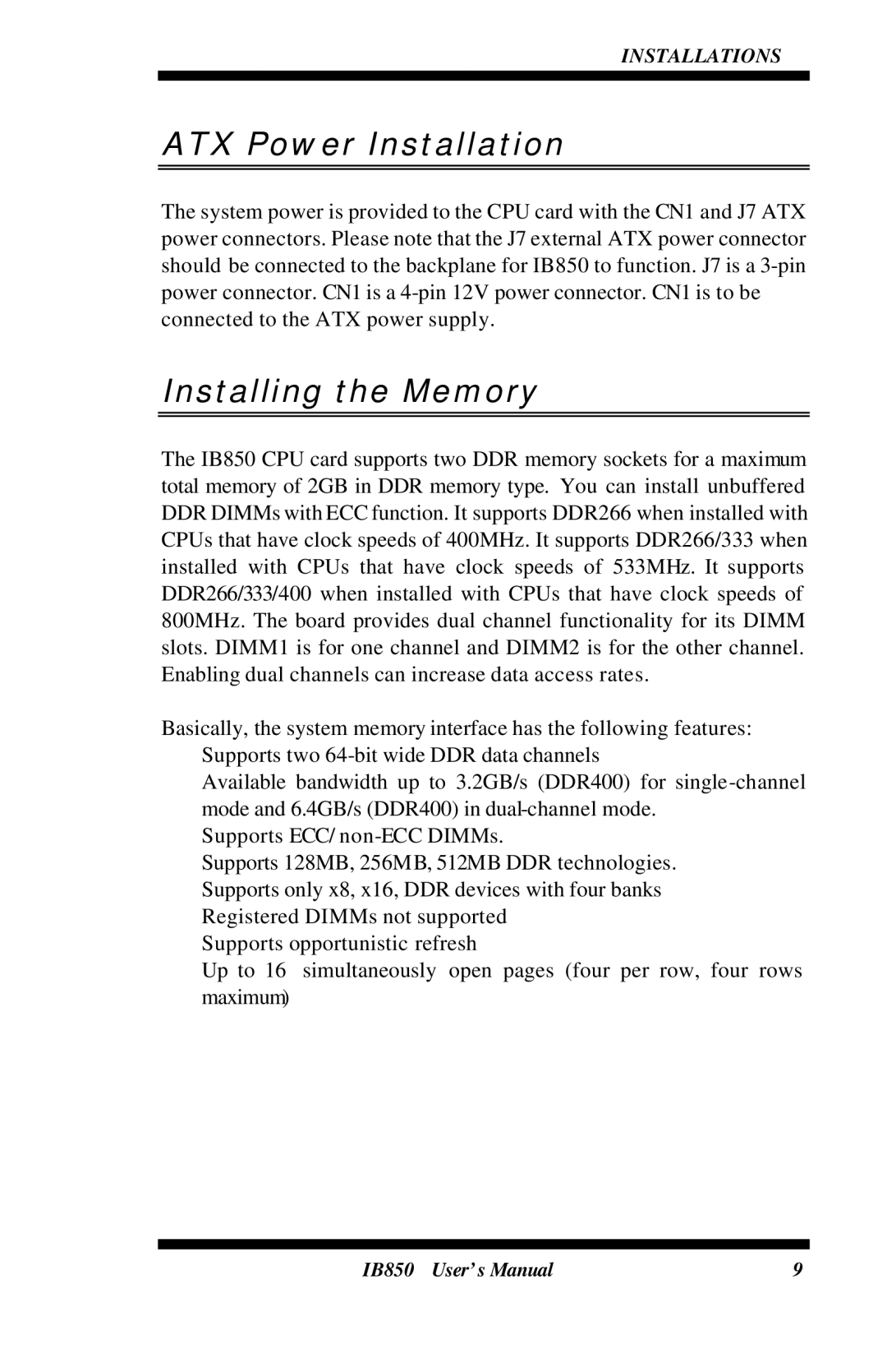 Intel IB850 user manual ATX Power Installation, Installing the Memory 