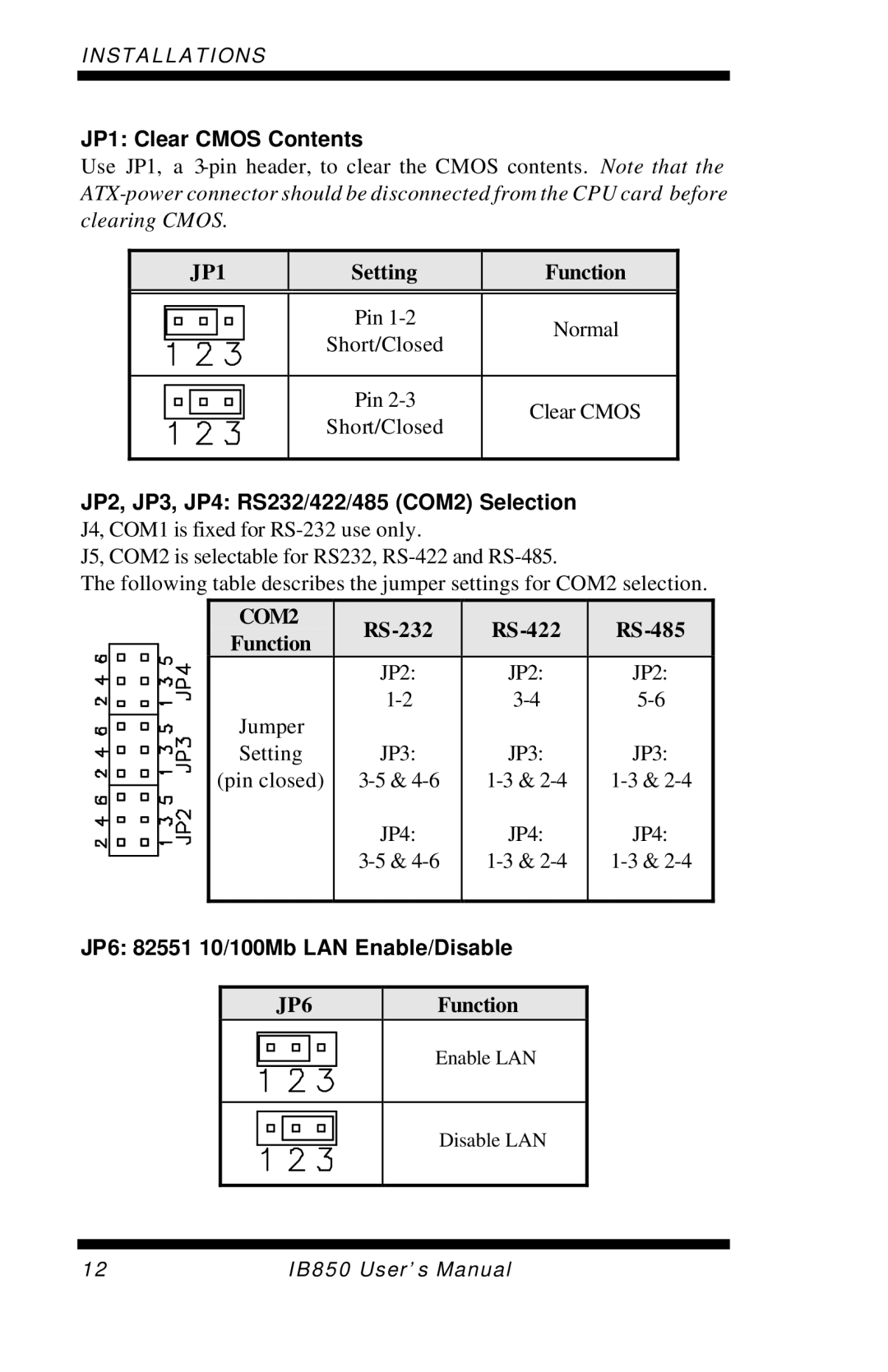 Intel IB850 user manual JP1 Clear Cmos Contents, JP6 82551 10/100Mb LAN Enable/Disable 