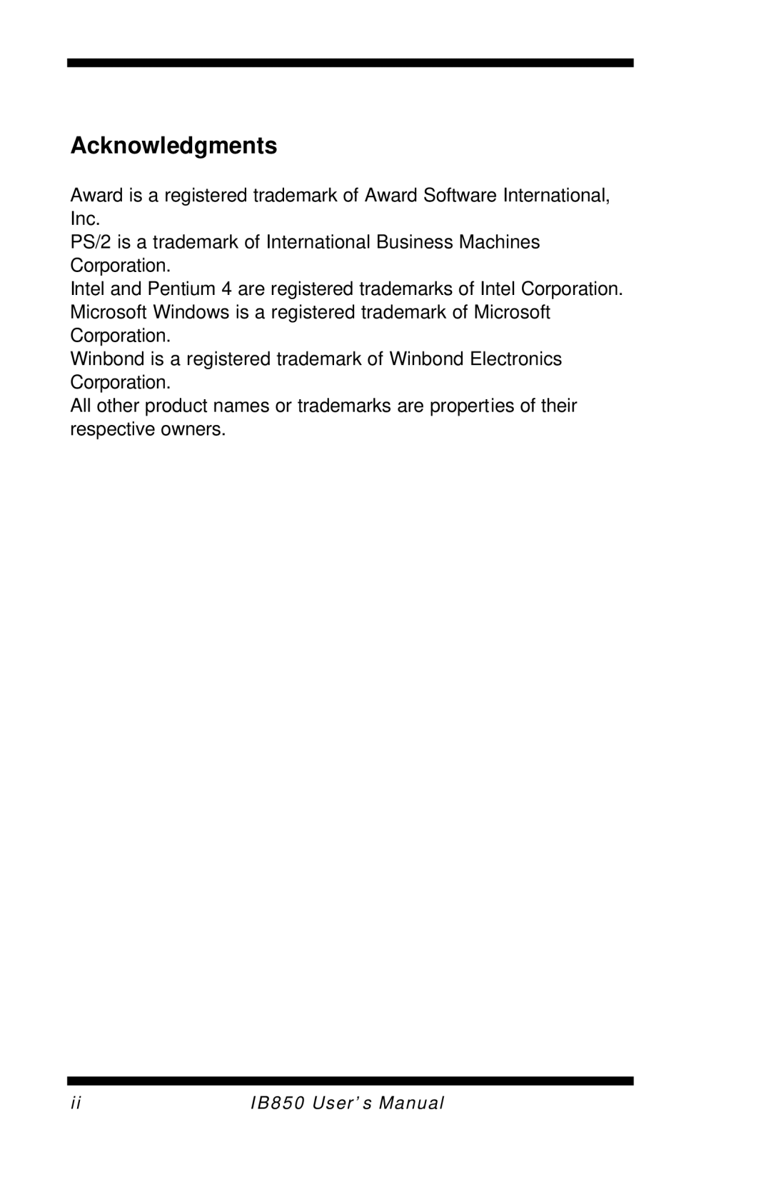 Intel IB850 user manual Acknowledgments 