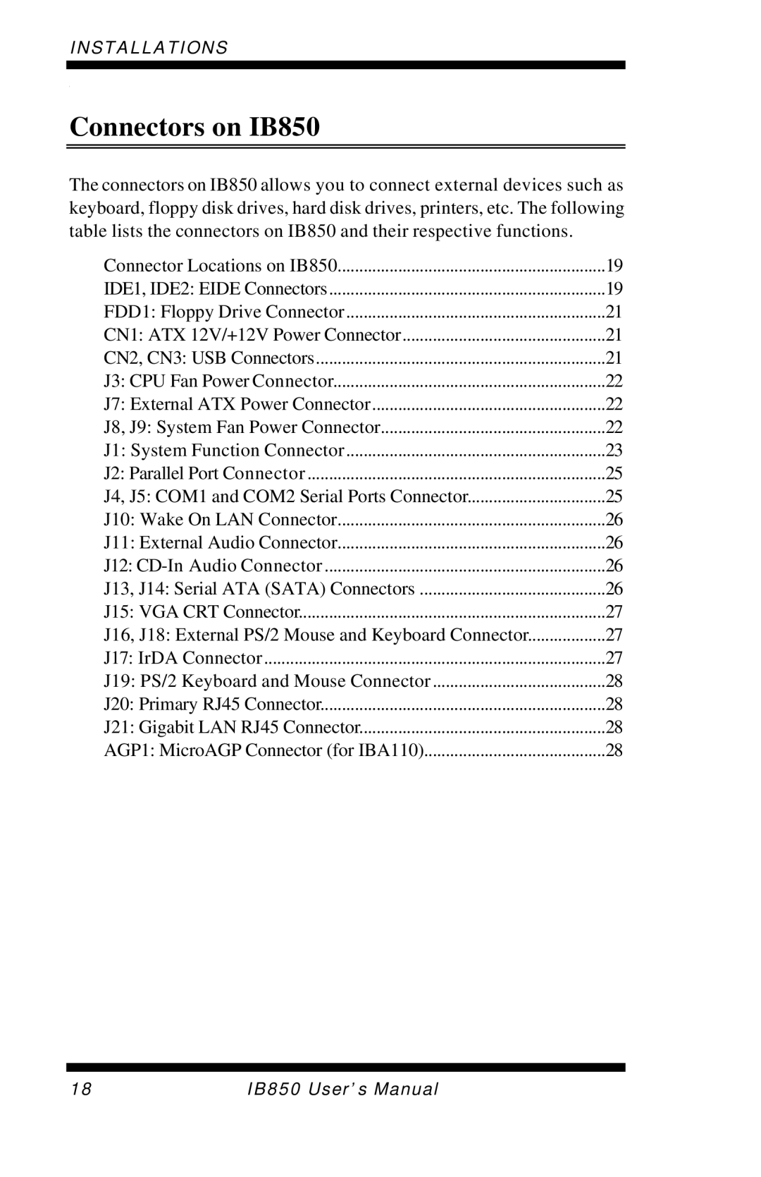 Intel user manual Connectors on IB850 