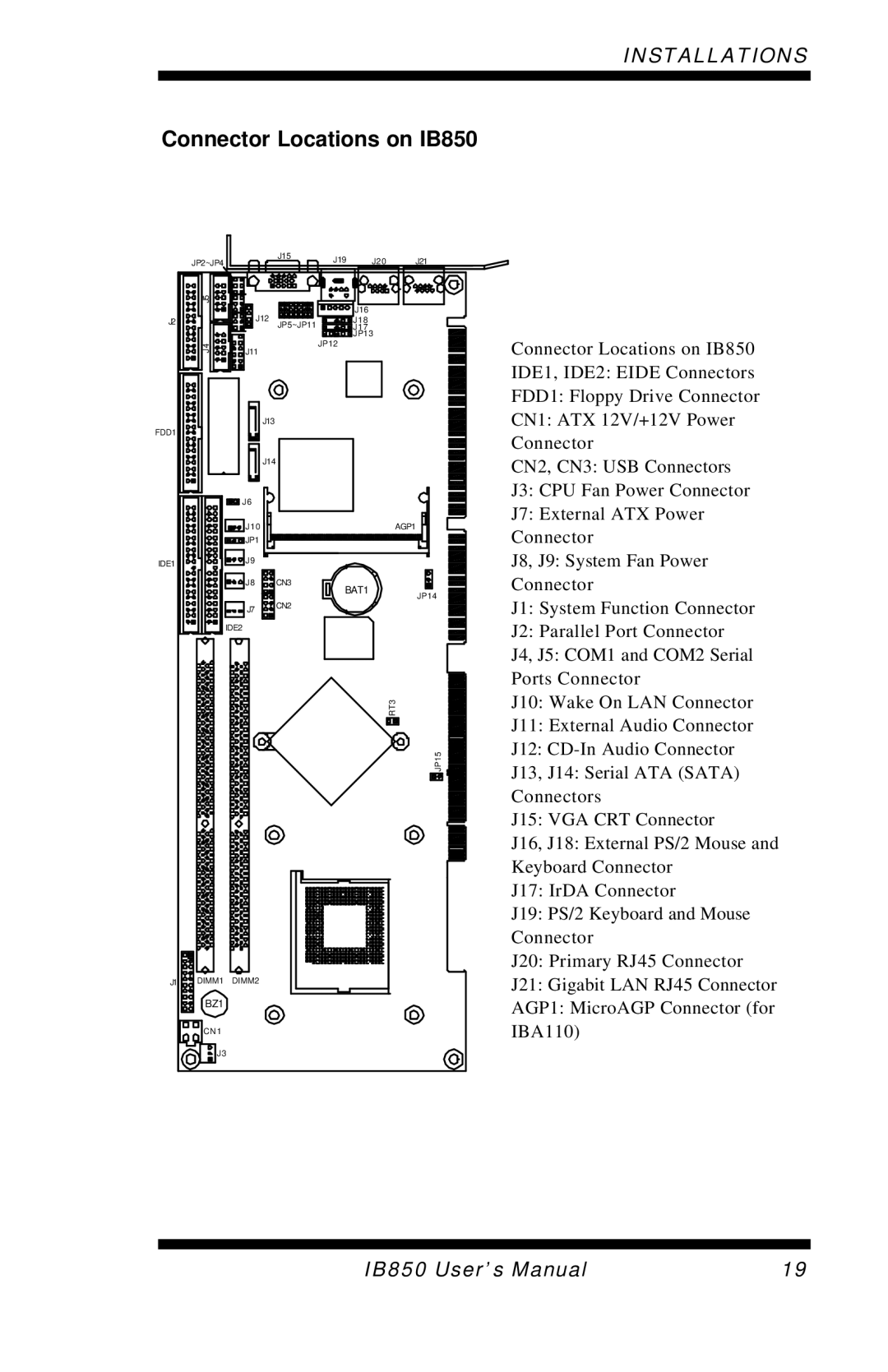 Intel user manual Connector Locations on IB850, IDE1, IDE2J10 Eide ConnectorsAGP1 