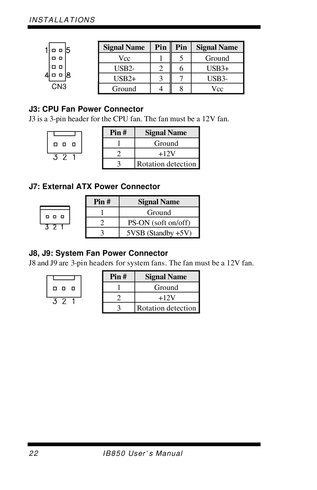 Intel IB850 user manual J3 CPU Fan Power Connector, J7 External ATX Power Connector, J8, J9 System Fan Power Connector 