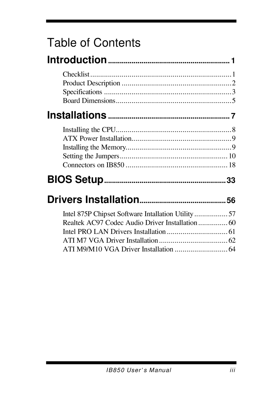 Intel IB850 user manual Table of Contents 