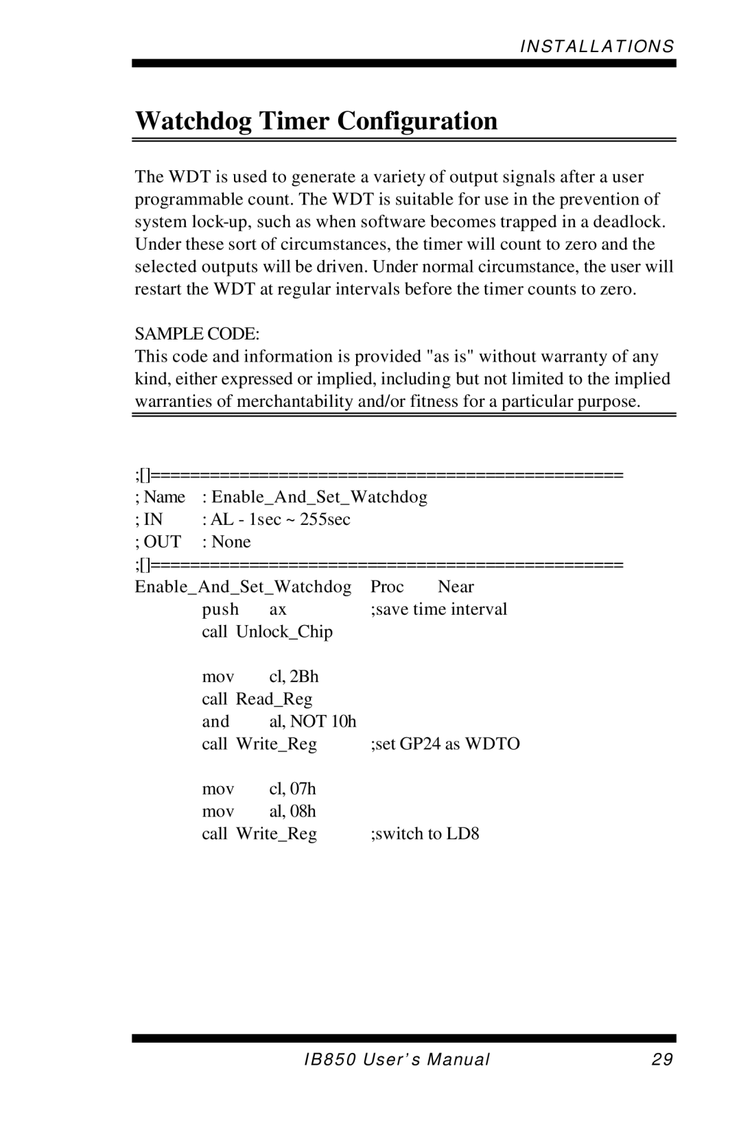 Intel IB850 user manual Watchdog Timer Configuration, Sample Code 