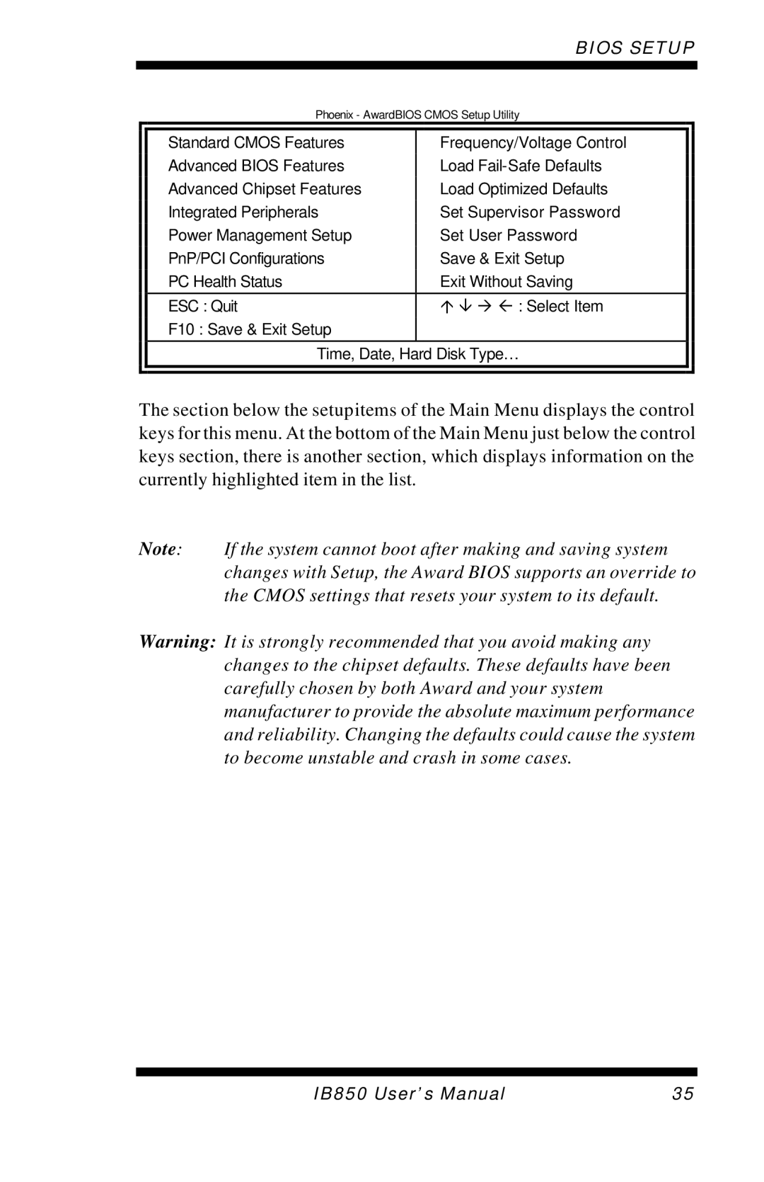 Intel IB850 user manual Phoenix AwardBIOS Cmos Setup Utility 