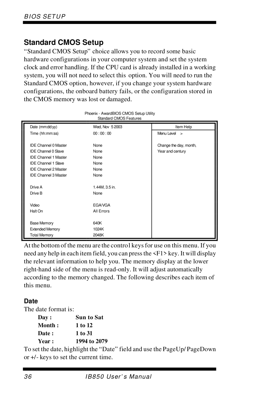 Intel IB850 user manual Standard Cmos Setup, Date 